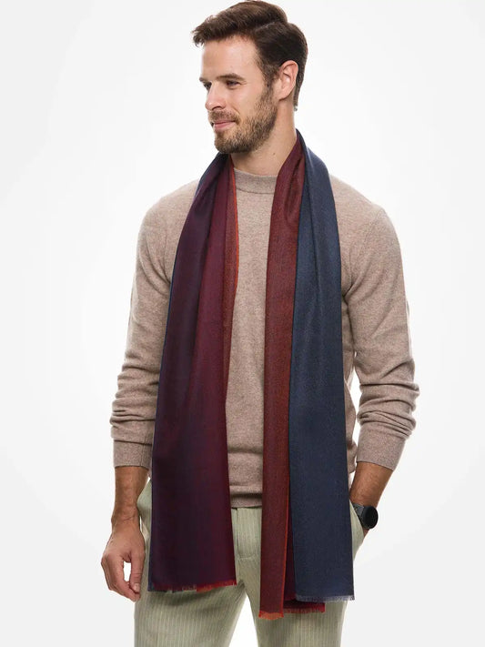 Blue Burgundy Herringbone Mens Cashmere Scarf