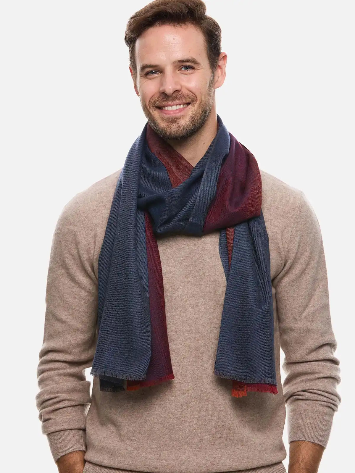 Blue Burgundy Herringbone Mens Cashmere Scarf