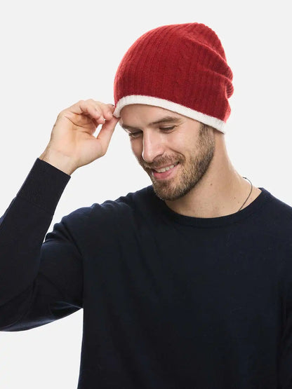4-Way Cashmere Beanie - White/Wine Red