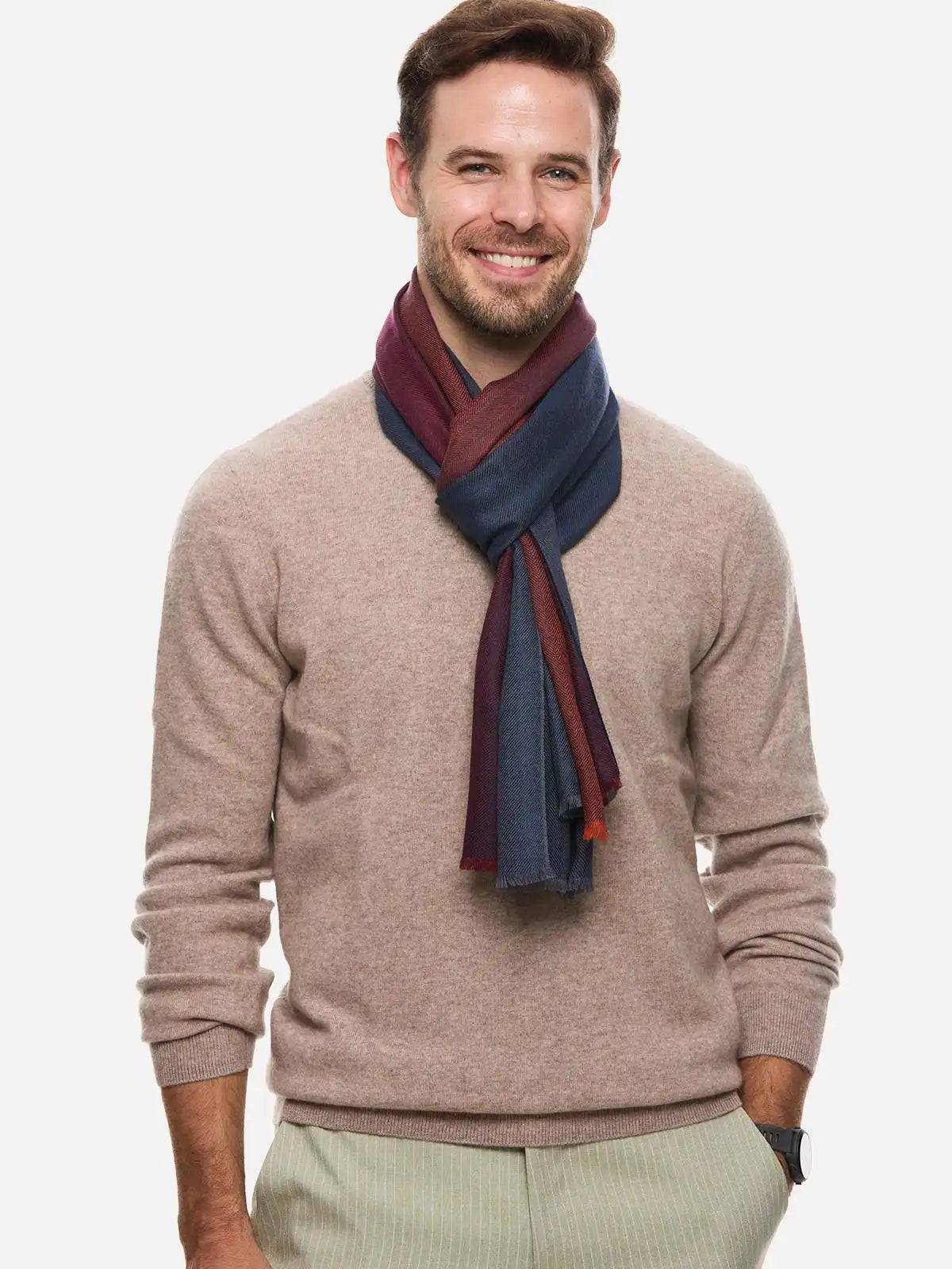 Blue Burgundy Herringbone Mens Cashmere Scarf